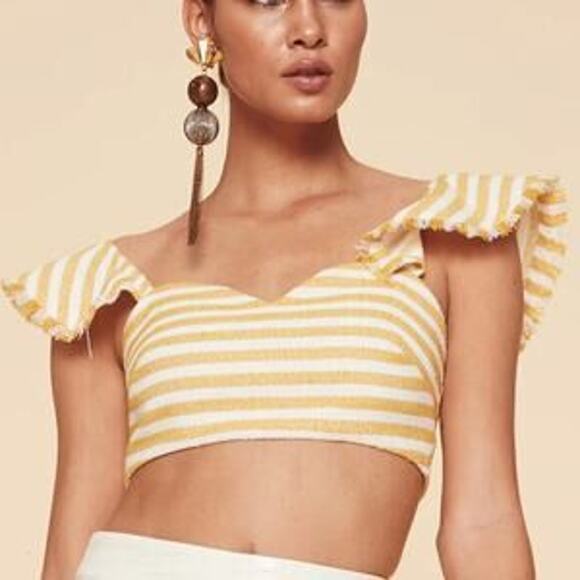 NEW LPA Womens Flutter Sleeve Crop Top Yellow White Sz XL Romantic - Picture 1 of 9